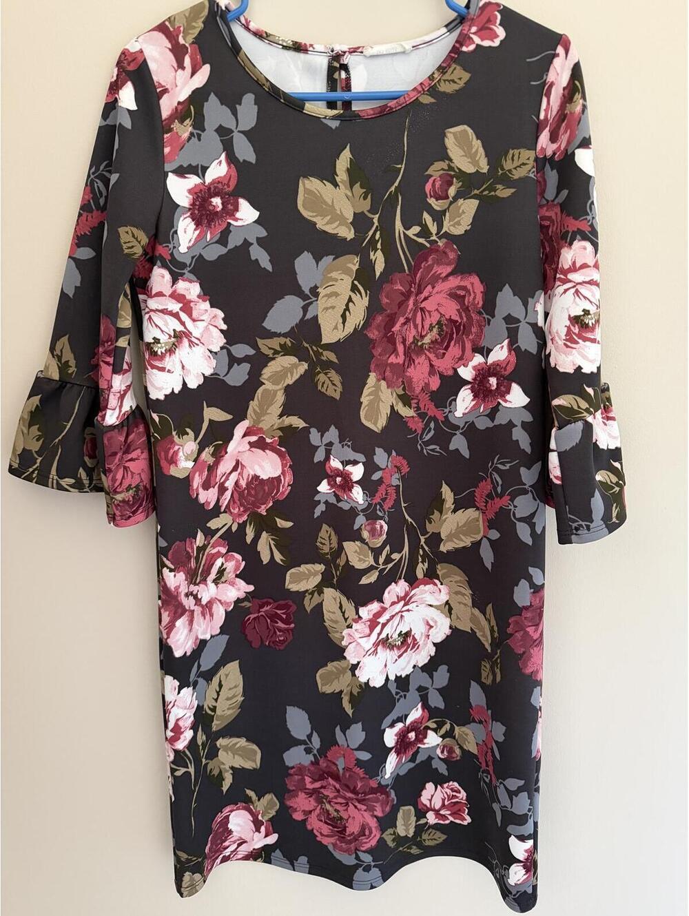 Les Amis Black Floral Midi Dress Poly Spandex Ruffle Sleeves